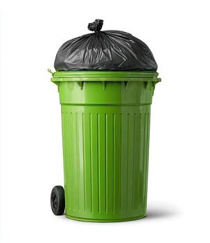 A green trash can with a black bag over it, on a white background photo