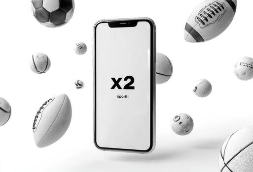 Smartphone mockup floating with varied sports balls, showcasing a minimal design with a white backdrop photo