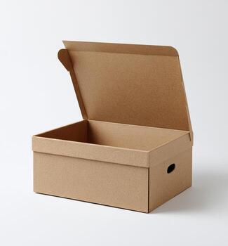 Brown cardboard box with open lid and handle cutouts, resting on a white surface photo