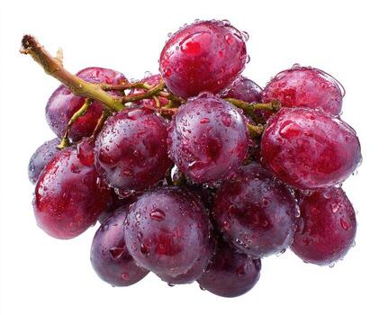Close-up of a cluster of ripe, red grapes glistening with droplets on a white backdrop photo