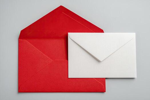 A white envelope rests beside an open red envelope on a gray background photo