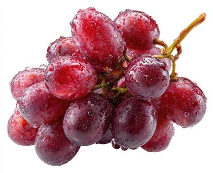 A close-up of a cluster of red grapes with water droplets, isolated on white photo