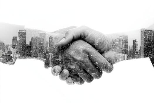 Black and white double exposure of hands clasping with a cityscape backdrop photo