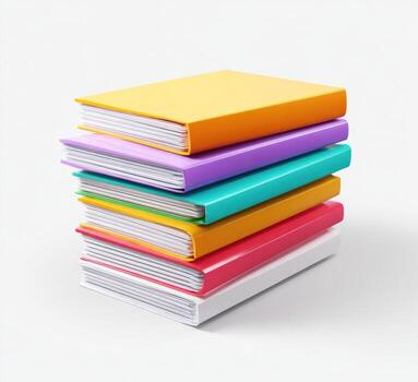 Stack of colorful books on a white surface, neatly arranged, soft shadows, bright colors photo