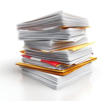 A stack of white paper documents in yellow folders, a pen lays in the middle photo