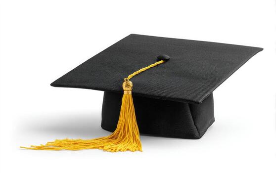 A black mortarboard with gold tassel, set against a plain white background, with soft shadows photo