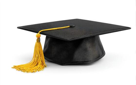 A black graduation cap with a yellow tassel, resting on a white background photo
