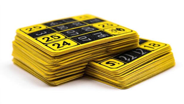 Close-up of several yellow cards with black numbers stacked against a white backdrop photo