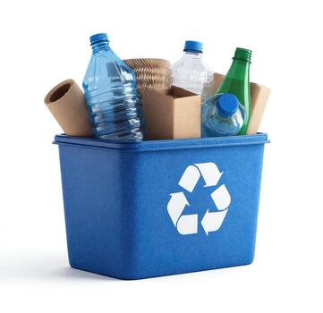 azul compartimiento lleno con varios reciclable elementos, incluso botellas y cartulina, en contra un blanco antecedentes foto