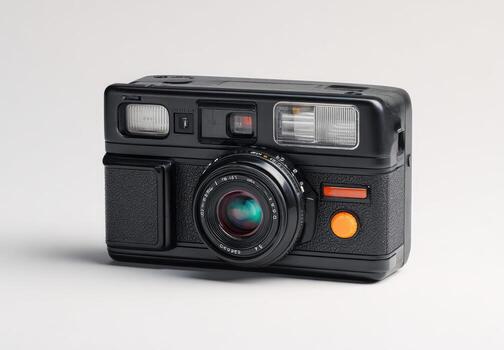 A close-up shot of a vintage black camera with lens, flash, and buttons on a white backdrop photo