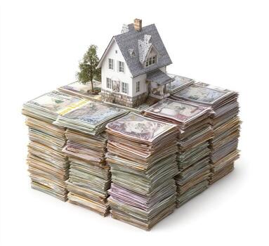 Miniature house atop a massive stack of currency, representing a real estate concept photo