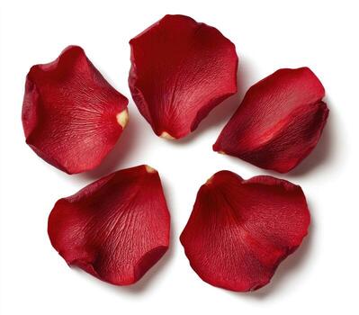 Five deep red rose petals arranged in a semi-circle on a plain white surface photo