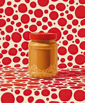A jar of peanut butter rests against a backdrop and surface of red polka dots on beige photo