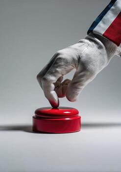 A gloved hand, striped cuff, presses a large red button against a neutral backdrop photo