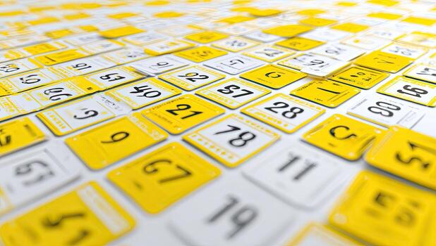 Perspective shot of numerous yellow-white cards, showing numbers. Shallow depth of field photo