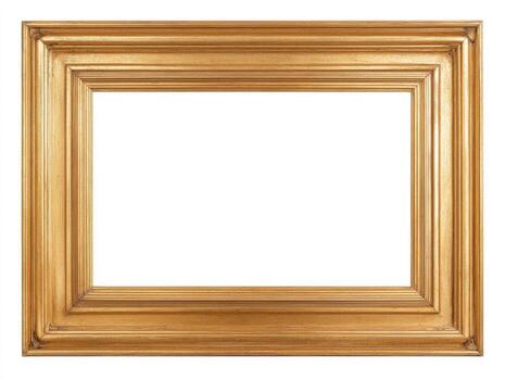 A rectangular, gilded, ornate picture frame on a white background, with a blank center photo