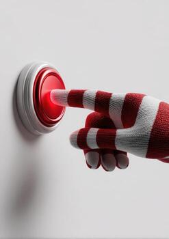 Red button glows as a striped hand presses it. White background, close-up shot photo