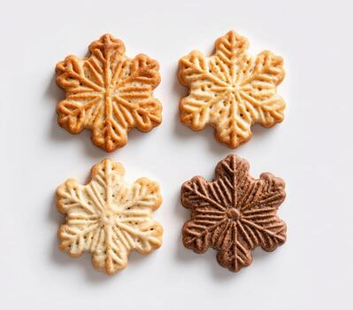 Four snowflake-shaped cookies in varying shades, arranged on a bright white background photo