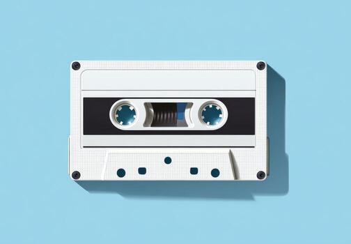 Overhead view of a white retro audio cassette on a light blue background, casting a shadow photo
