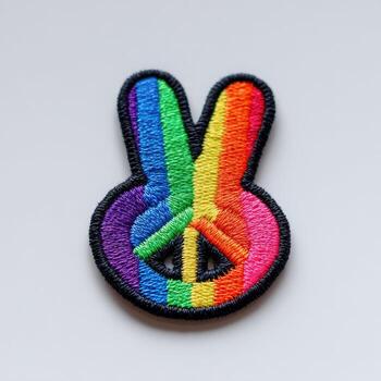 Colorful embroidered patch features a peace sign split down the middle with a rainbow photo