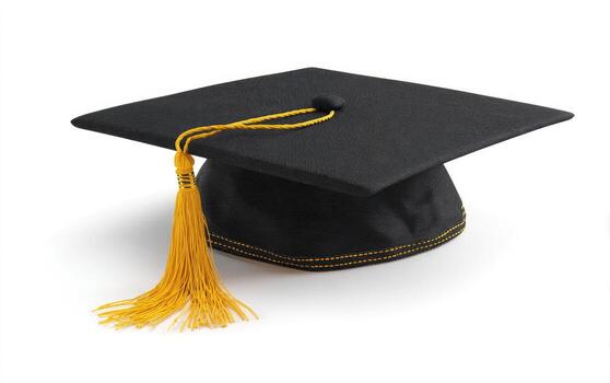 A classic black square academic cap with yellow tassel, cast in shadow on white backdrop photo