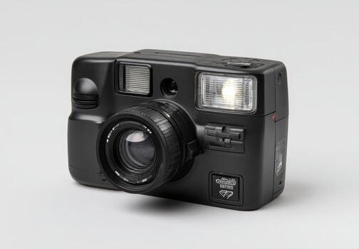 A black vintage-style camera, front-facing, with a flash firing photo
