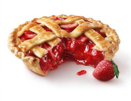 A delicious small strawberry pie, with a lattice crust and a bite taken out, sitting on white photo