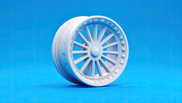 White car wheel model against a blue grid background, showing intricate spoke design photo