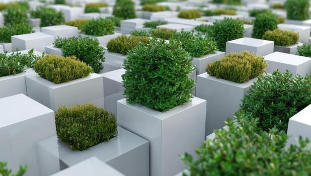 Grassy, colorful bushes of varying textures atop white cubical platforms, creating a garden photo