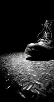 A worn leather boot, laced, presses down on a textured metal surface, in monochrome photo