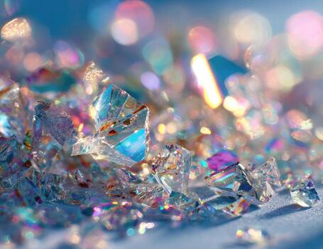 Close-up view of sparkling, shattered crystal-like shards, with iridescent bokeh photo