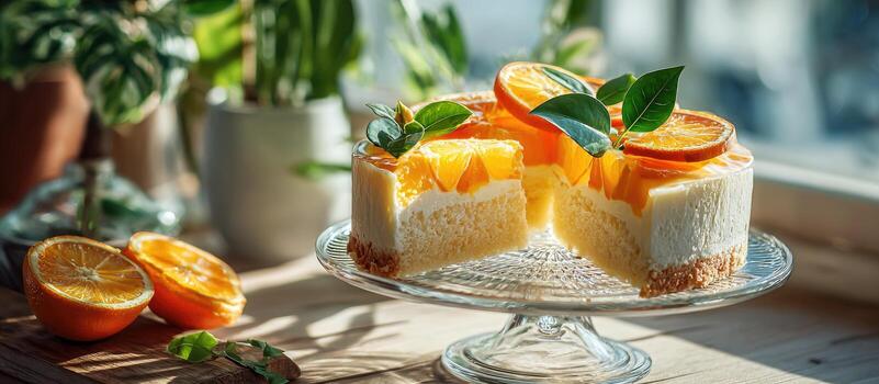 A slice missing from a bright cheesecake topped with orange slices and greenery, on a stand photo