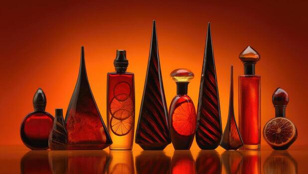 An arrangement of vibrant, orange-red glass bottles against a gradient background photo