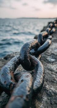 Close-up of a weathered, dark chain against the backdrop of rippling water at dusk photo