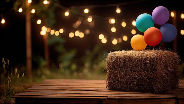 Colorful balloons float above a hay bale on a wooden stage, string lights glow dimly photo