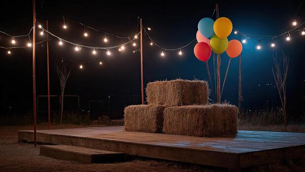 Stage lit by string lights, hay bales, balloons at dusk, rustic outdoor scene photo