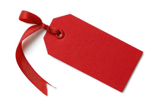 A vibrant red blank gift tag with a ribbon bow, angled on a white background photo