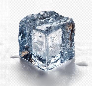 Crystal clear ice cube melting on a checkered backdrop, showing internal bubbles photo