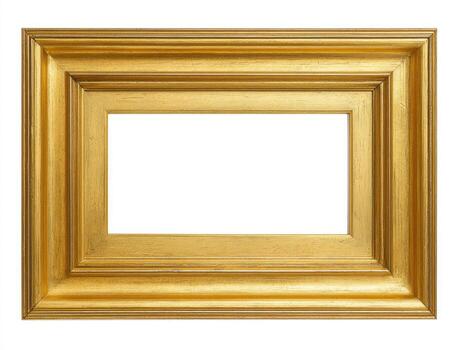 A rectangular, golden, ornate picture frame with a white inner opening, isolated photo