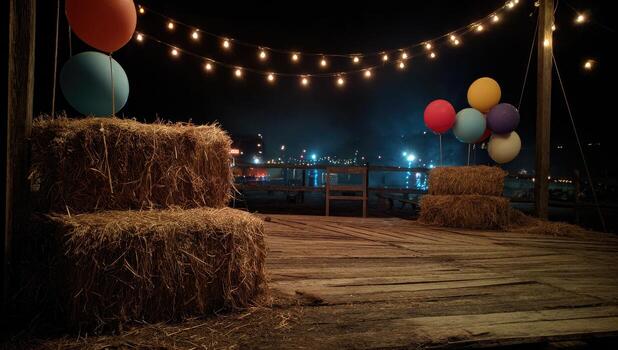 Night scene of festive hay bales, balloons, and string lights on a rustic wooden platform photo