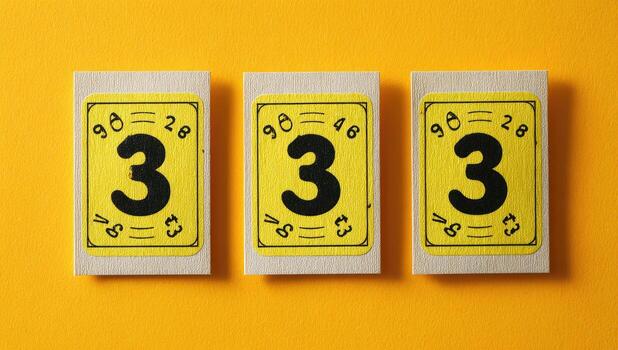 Three rectangular cards with the number three, in yellow squares, sit on an orange surface photo