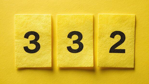 Three yellow rectangular cards with black numerals 3, 3, and 2 arranged horizontally photo