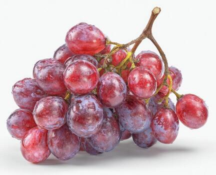 A cluster of plump, glistening red grapes with a woody stem against a white backdrop photo