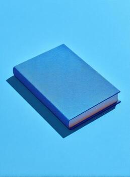 A closed book with a blue cover casts a shadow on a blue background photo