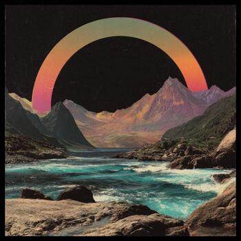 Surreal mountain scene with a gradient halo above a river flowing through a landscape photo