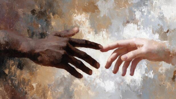 Hands of diverse skin tones nearly touch in a painted, symbolic representation of unity photo