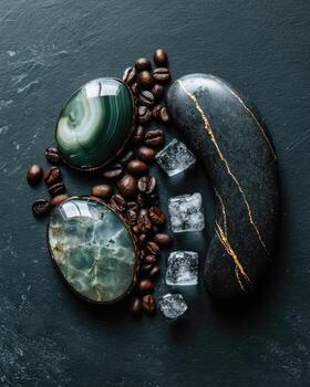 Flat lay Coffee beans, polished stones, and ice cubes on a textured, dark surface photo