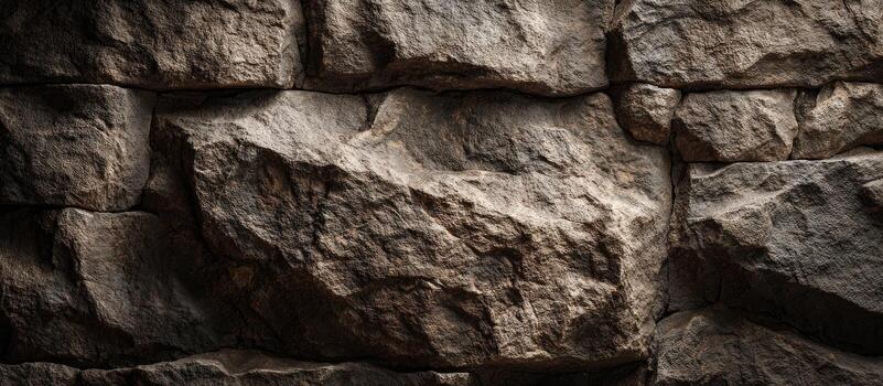 A close-up view of a weathered stone wall, with rough textures and varying shades of gray photo
