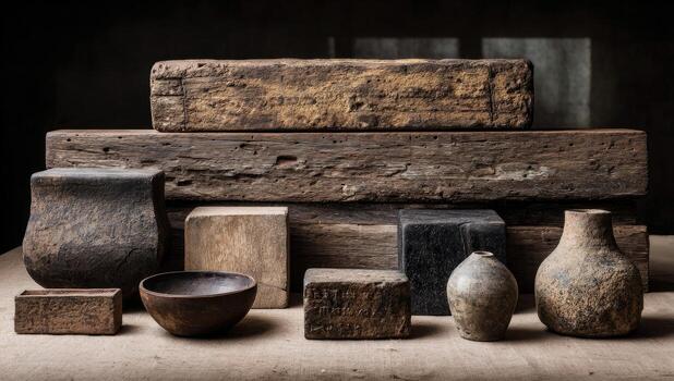 A collection of weathered wooden blocks and ceramic vessels on a textured surface photo