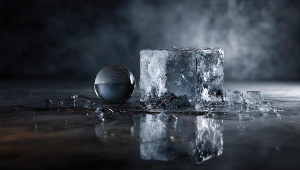 A reflective sphere beside melting ice cubes, water droplets, and vapor against a dark backdrop photo